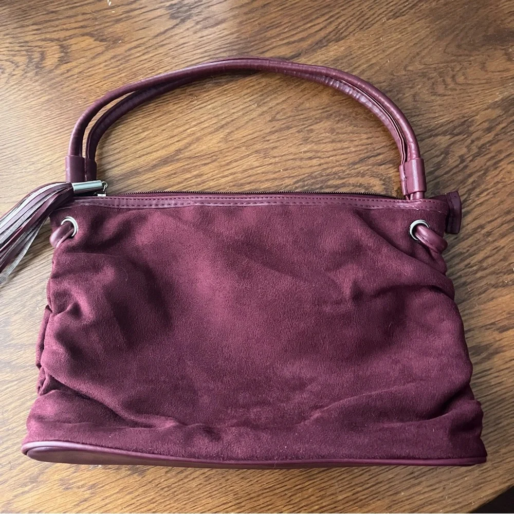 Victoria’s Secret Red Maroon Faux Suede Handbag Double Handle Tassel Zipper Pull